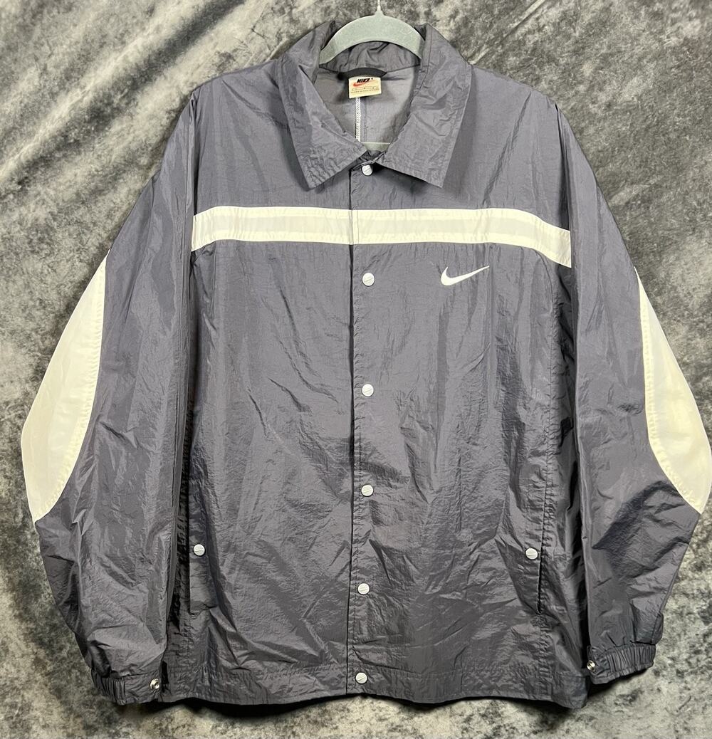 Vintage Nike Windbreaker Coach Jacket Men’s Large Snap Button Gray White Stripe